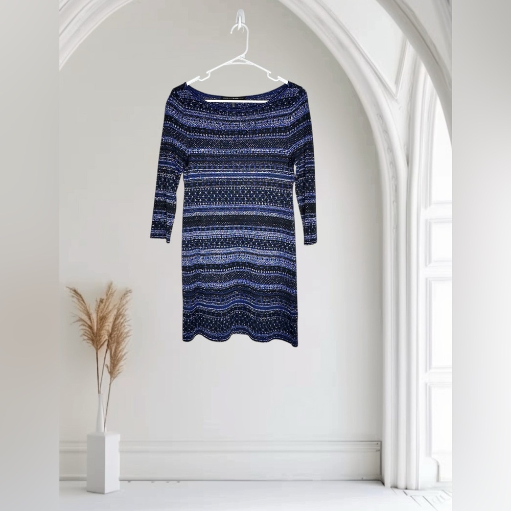 White House Black Market Women’s Blue Silver 3/4 Sleeve Rayon Dress Size XS